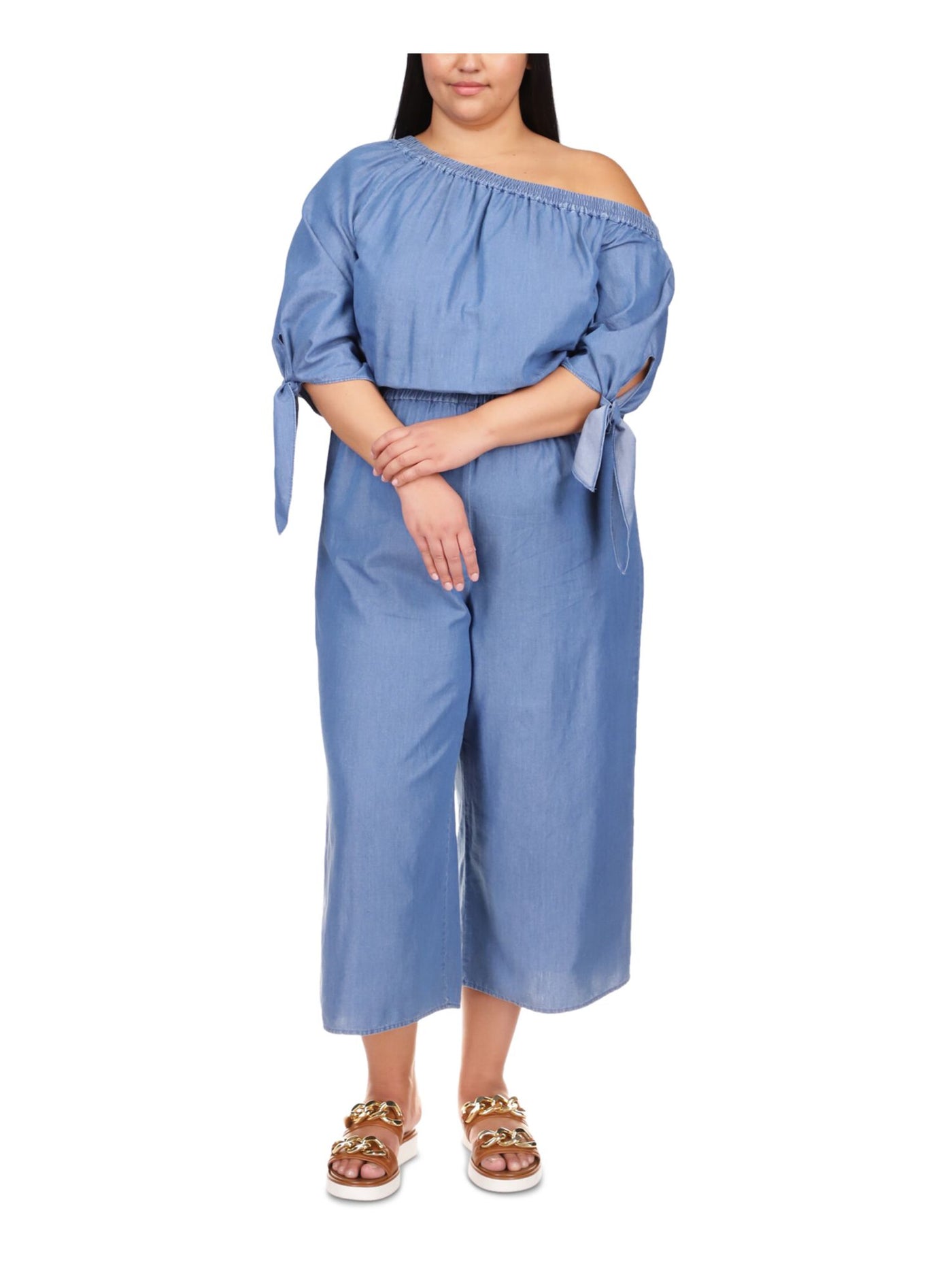 MICHAEL KORS Womens Blue Asymmetrical Neckline High Waist Jumpsuit Plus 0X