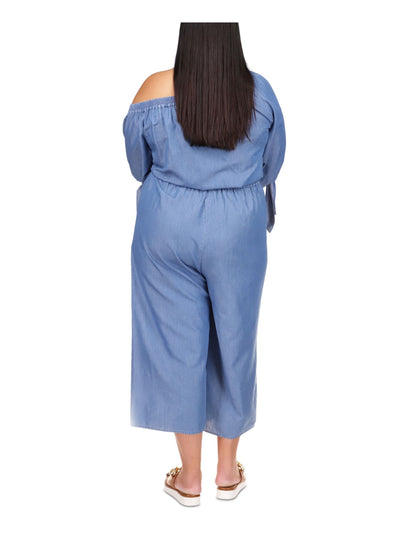MICHAEL KORS Womens Blue Asymmetrical Neckline High Waist Jumpsuit Plus 2X