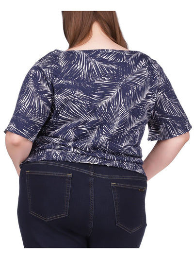 MICHAEL KORS Womens Navy Smocked Sheer Printed Short Sleeve Crew Neck Top Plus 0X