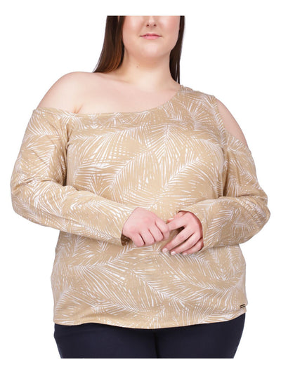 MICHAEL KORS Womens Beige Cold Shoulder Printed Long Sleeve Asymmetrical Neckline Top Plus 2X