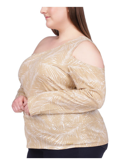 MICHAEL KORS Womens Beige Cold Shoulder Printed Long Sleeve Asymmetrical Neckline Top Plus 3X