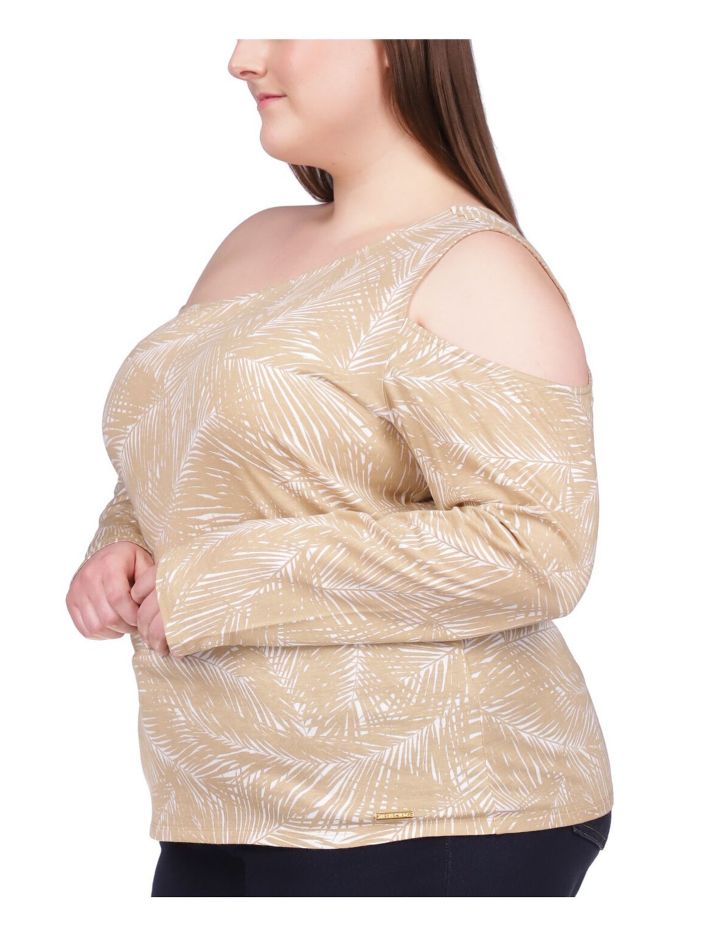MICHAEL KORS Womens Beige Cold Shoulder Printed Long Sleeve Asymmetrical Neckline Top Plus 1X