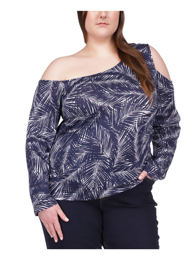 MICHAEL MICHAEL KORS Womens Navy Cold Shoulder Printed Long Sleeve Asymmetrical Neckline Top Plus 2X