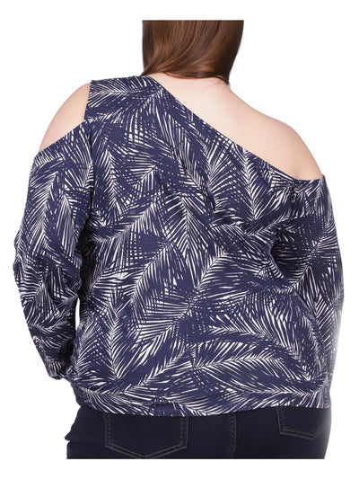 MICHAEL MICHAEL KORS Womens Navy Cold Shoulder Printed Long Sleeve Asymmetrical Neckline Top Plus 1X