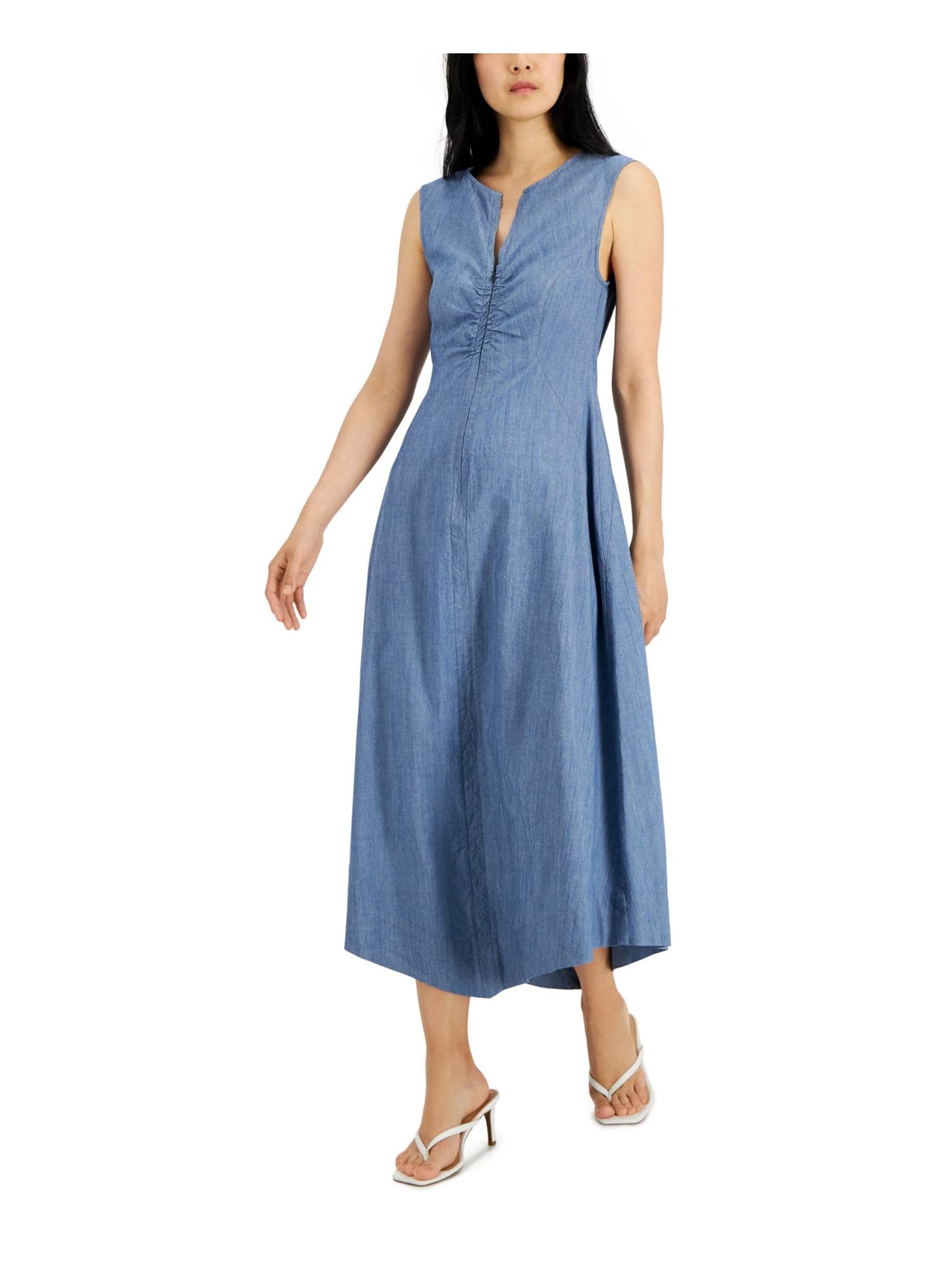 DONNA KARAN NEW YORK Womens Blue Zippered Ruched Asymmetrical Hem Sleeveless V Neck Midi Sheath Dress M