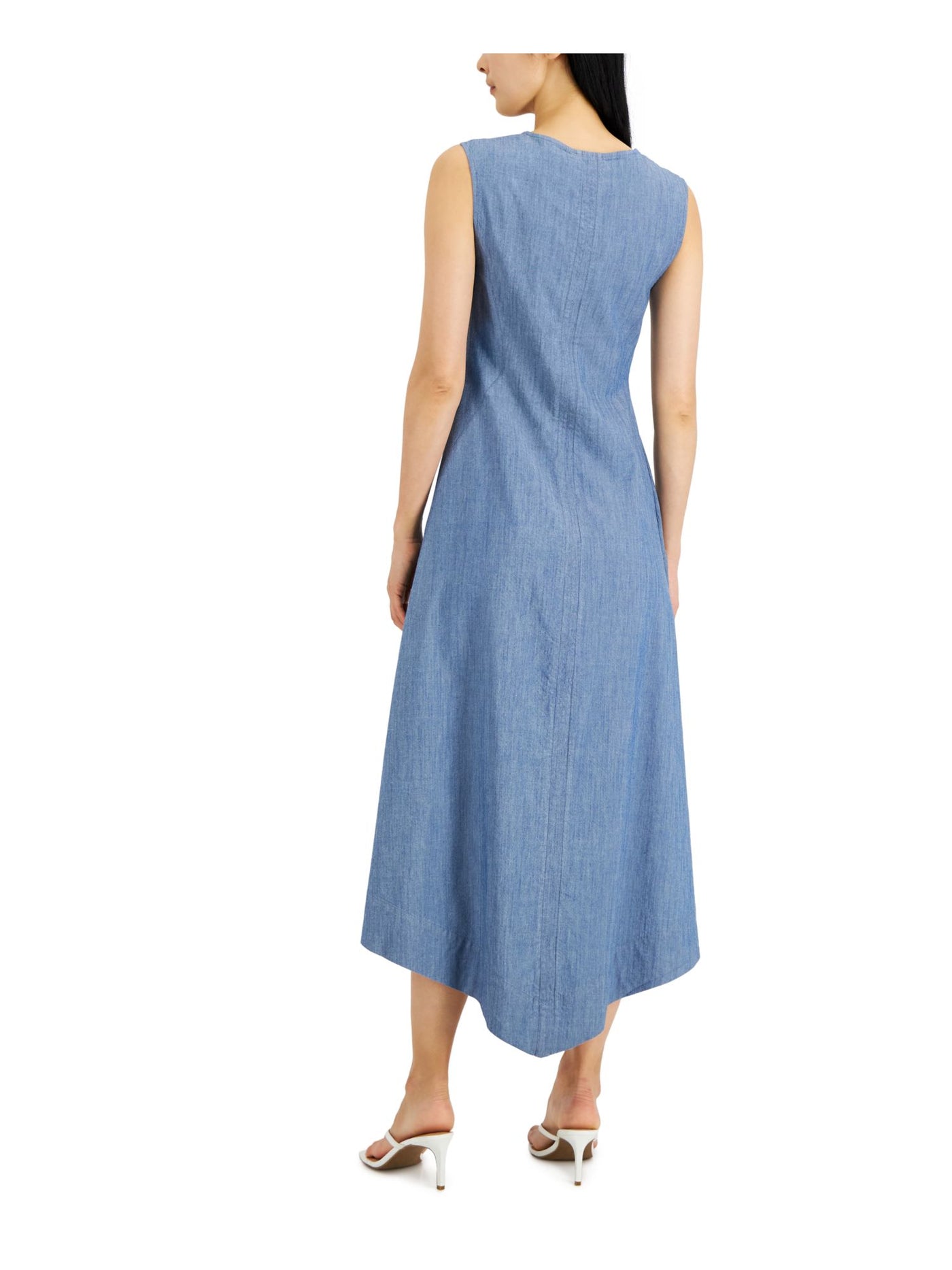 DONNA KARAN NEW YORK Womens Blue Zippered Ruched Asymmetrical Hem Sleeveless V Neck Midi Sheath Dress M