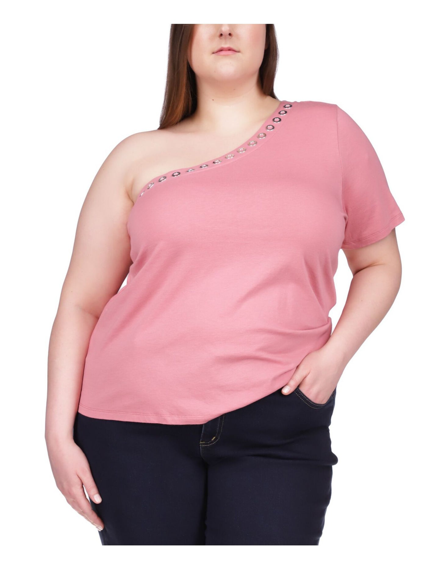 MICHAEL KORS Womens Pink Short Sleeve Asymmetrical Neckline Top Plus 1X