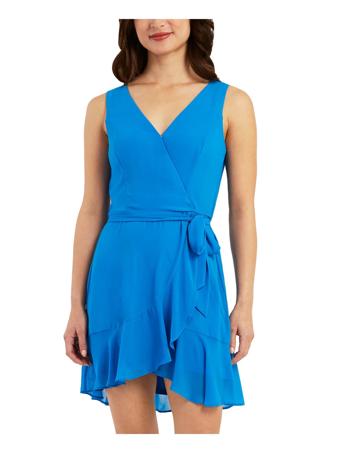 BCX Womens Blue Ruffled Sheer Line Tie Belt Pullover Sleeveless Surplice Neckline Above The Knee A-Line Dress XL