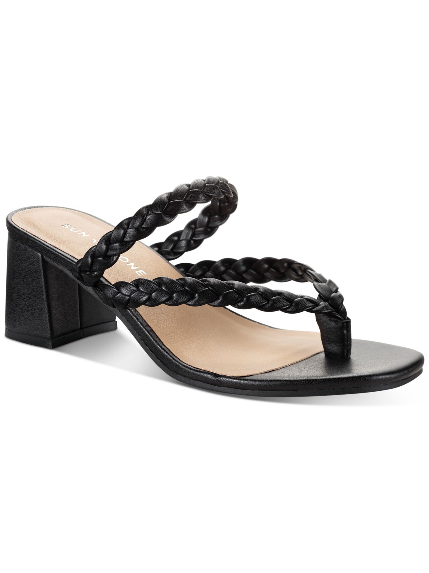 SUN STONE Womens Black Thong Braided Padded Wiinnie Round Toe Block Heel Slip On Dress Sandals Shoes 9.5 M