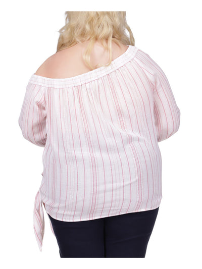 MICHAEL KORS Womens Pink Striped Long Sleeve Asymmetrical Neckline Top Plus 2X