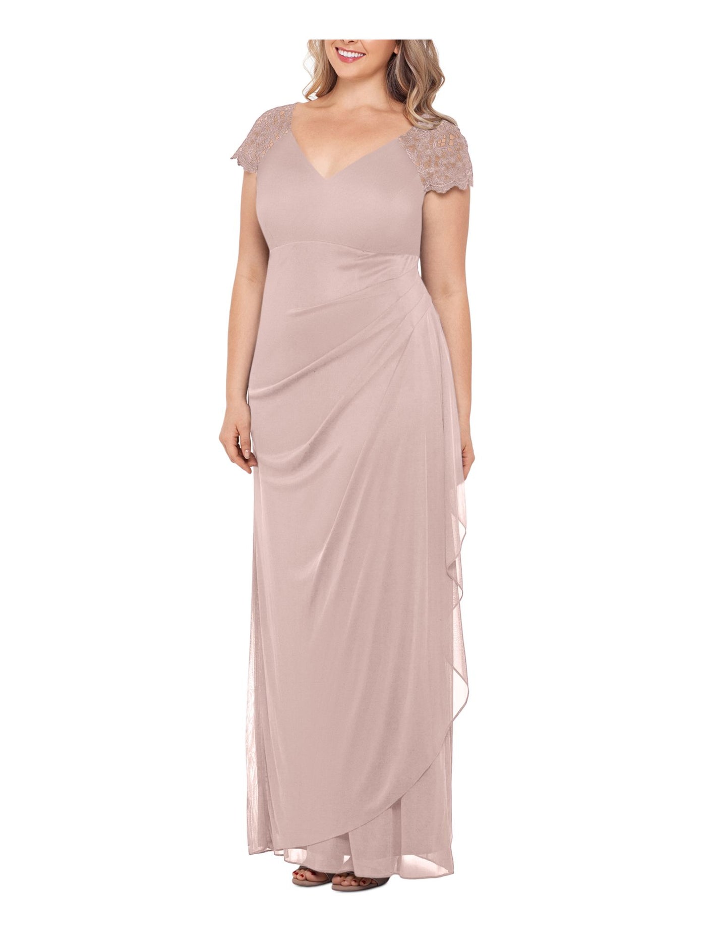X BY XSCAPE Womens Pink Zippered Pleated Draped Skirt Cap Sleeve V Neck Full-Length Formal Gown Dress Plus 22W