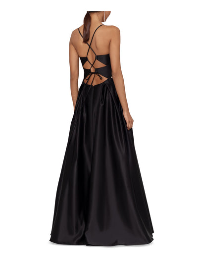 BLONDIE NITES Womens Black Zippered Pocketed Lace-up Back Spaghetti Strap V Neck Full-Length Prom Gown Dress Juniors 1