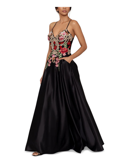 BLONDIE NITES Womens Black Zippered Pocketed Lace-up Back Spaghetti Strap V Neck Full-Length Prom Gown Dress Juniors 1