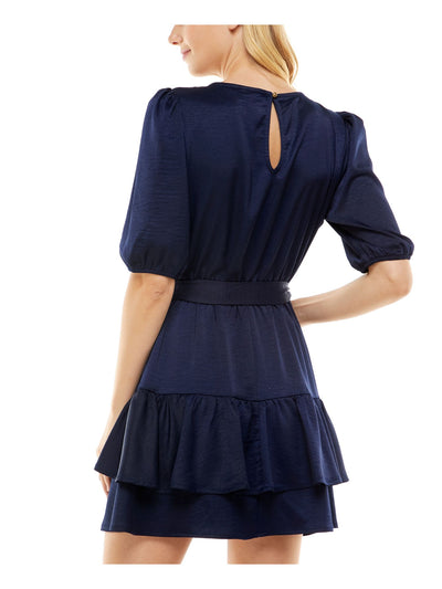 SPEECHLESS Womens Belted Keyhole Elastic Waist And Cuff Elbow Sleeve Surplice Neckline Above The Knee Ruffled Dress