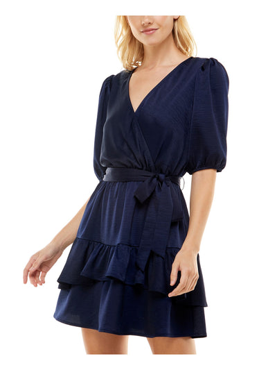 SPEECHLESS Womens Belted Keyhole Elastic Waist And Cuff Elbow Sleeve Surplice Neckline Above The Knee Ruffled Dress