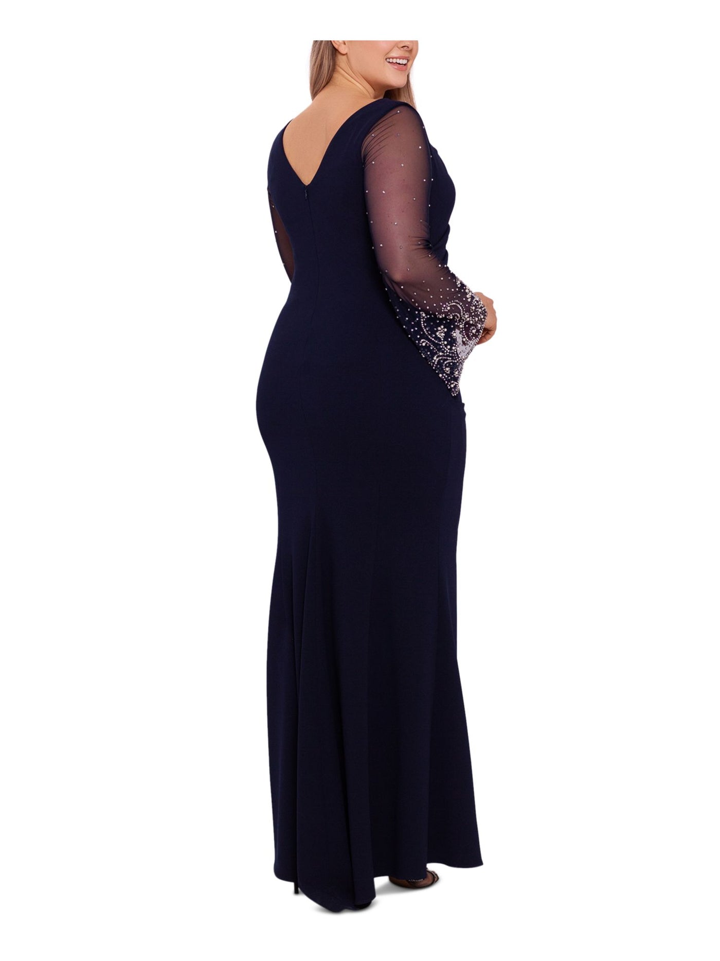 BETSY & ADAM Womens Navy Beaded Zippered Sheer Ruched Lined Bell Sleeve V Neck Full-Length Formal Gown Dress Plus 22W