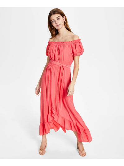 BAR III DRESSES Womens Coral Ruffled Textured Tie Waist Pullover Pouf Sleeve Off Shoulder Maxi Hi-Lo Dress S