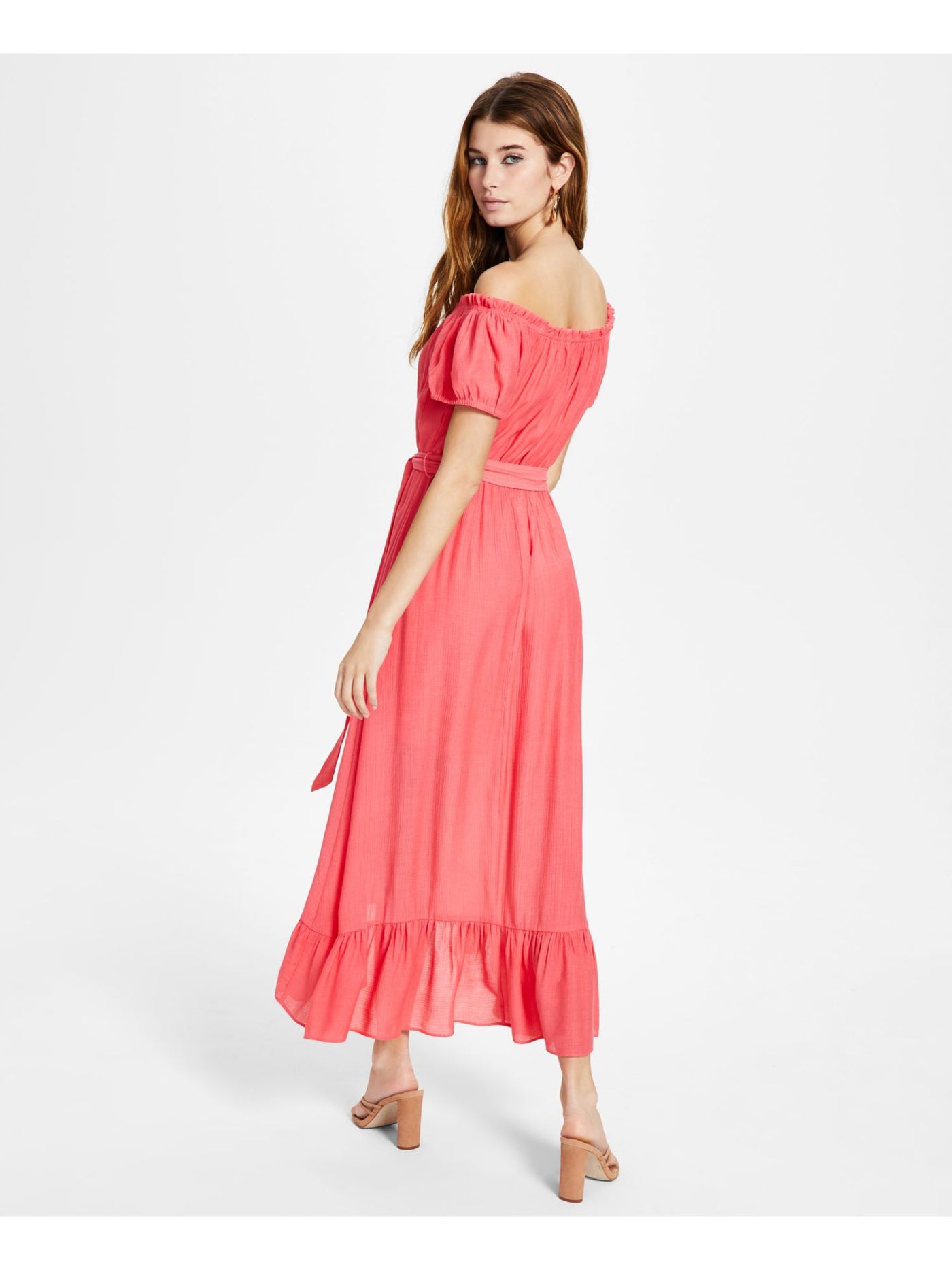BAR III DRESSES Womens Coral Ruffled Textured Tie Waist Pullover Pouf Sleeve Off Shoulder Maxi Hi-Lo Dress S