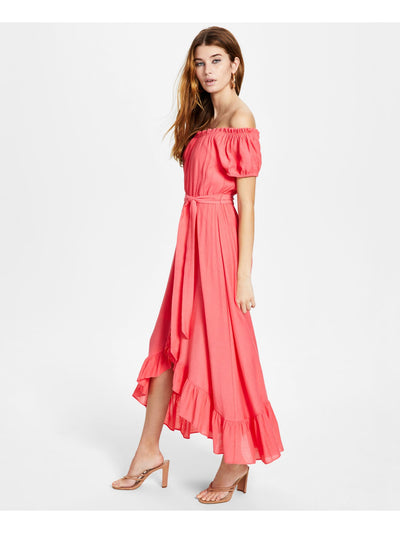 BAR III DRESSES Womens Coral Ruffled Textured Tie Waist Pullover Pouf Sleeve Off Shoulder Maxi Hi-Lo Dress S