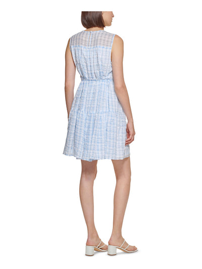 CALVIN KLEIN Womens Light Blue Lined Tie Plaid Sleeveless Crew Neck Above The Knee Shift Dress Petites 10P