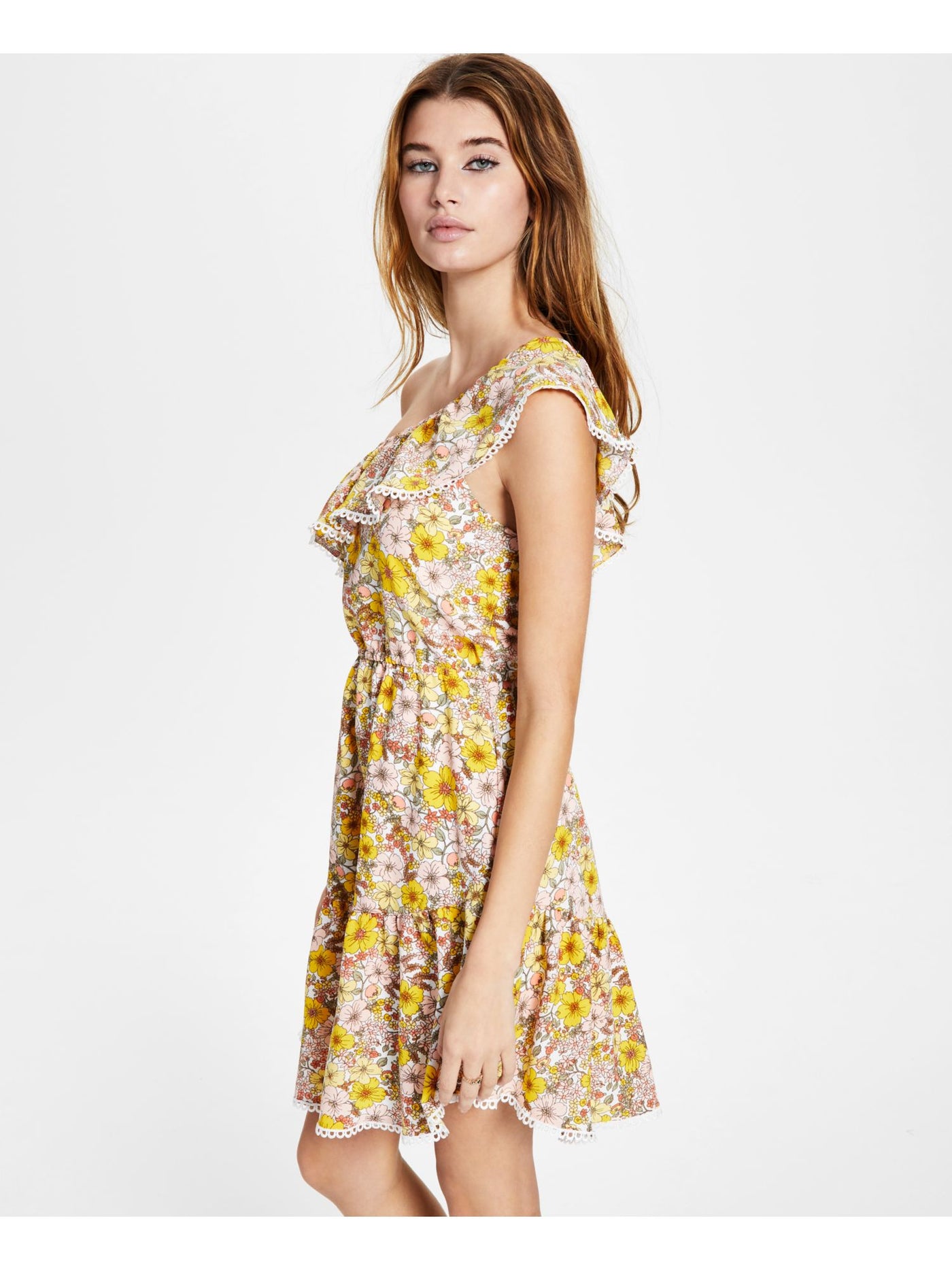 BAR III Womens Yellow Ruffled Lace Trim Lined Floral Sleeveless Asymmetrical Neckline Short Fit + Flare Dress XL