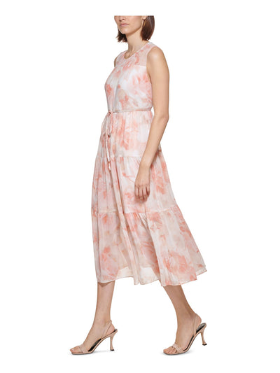 CALVIN KLEIN Womens Pink Sheer Floral Sleeveless Crew Neck Midi Wear To Work Ruffled Dress Petites 6P