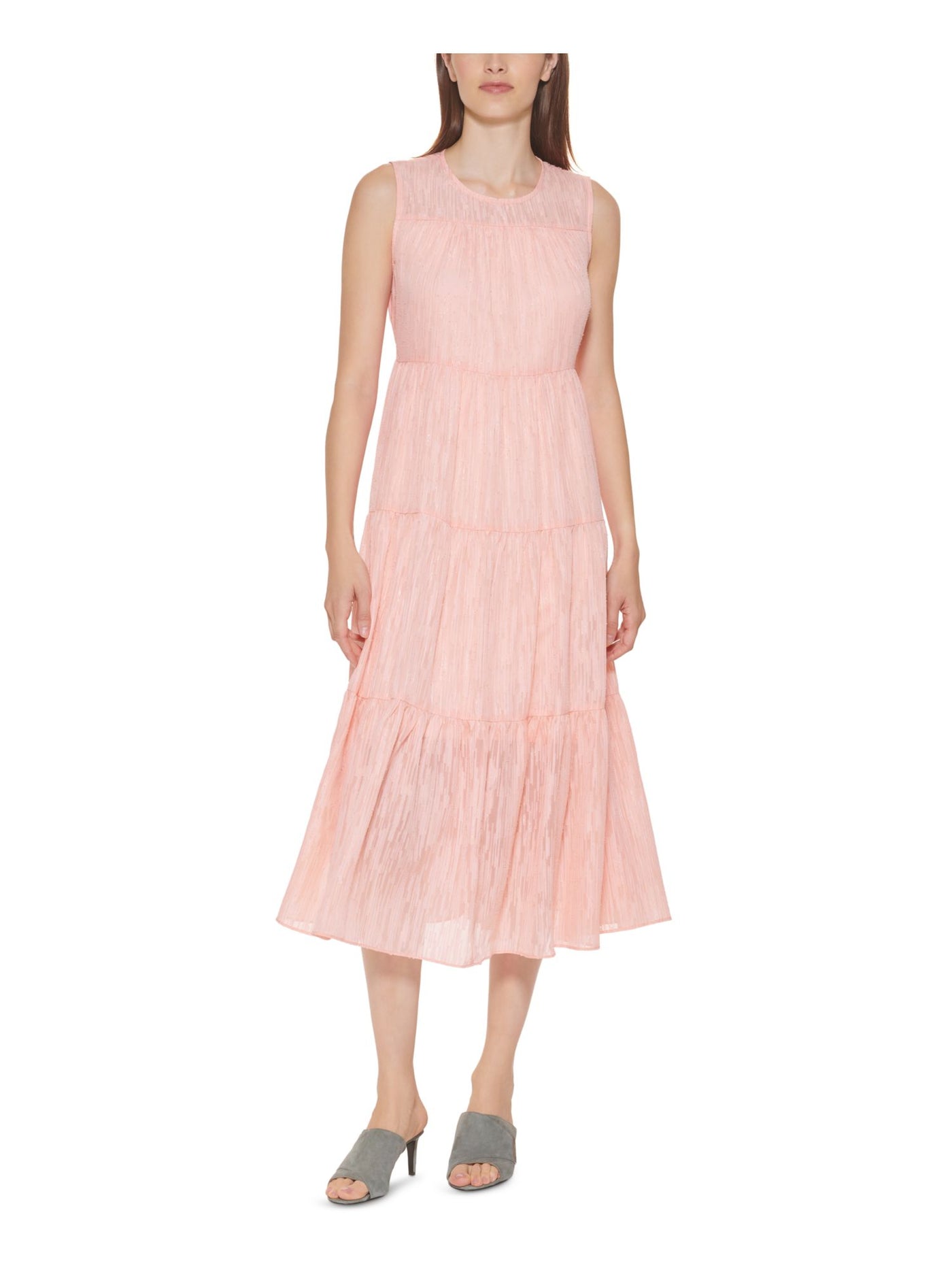 CALVIN KLEIN Womens Pink Sheer Tie Tiered Keyhole Closure Lined Pul Sleeveless Round Neck Tea-Length Shift Dress 14