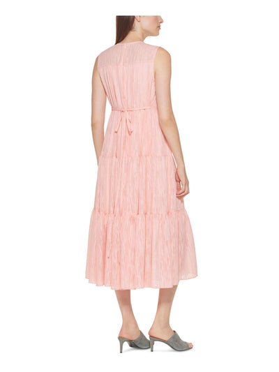 CALVIN KLEIN Womens Pink Sheer Tie Tiered Keyhole Closure Lined Pul Sleeveless Round Neck Tea-Length Shift Dress 14