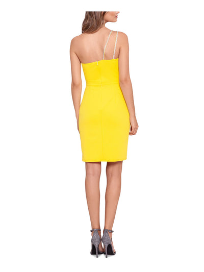 XSCAPE Womens Yellow Zippered Slitted Lined Sleeveless Asymmetrical Neckline Above The Knee Party Sheath Dress 12