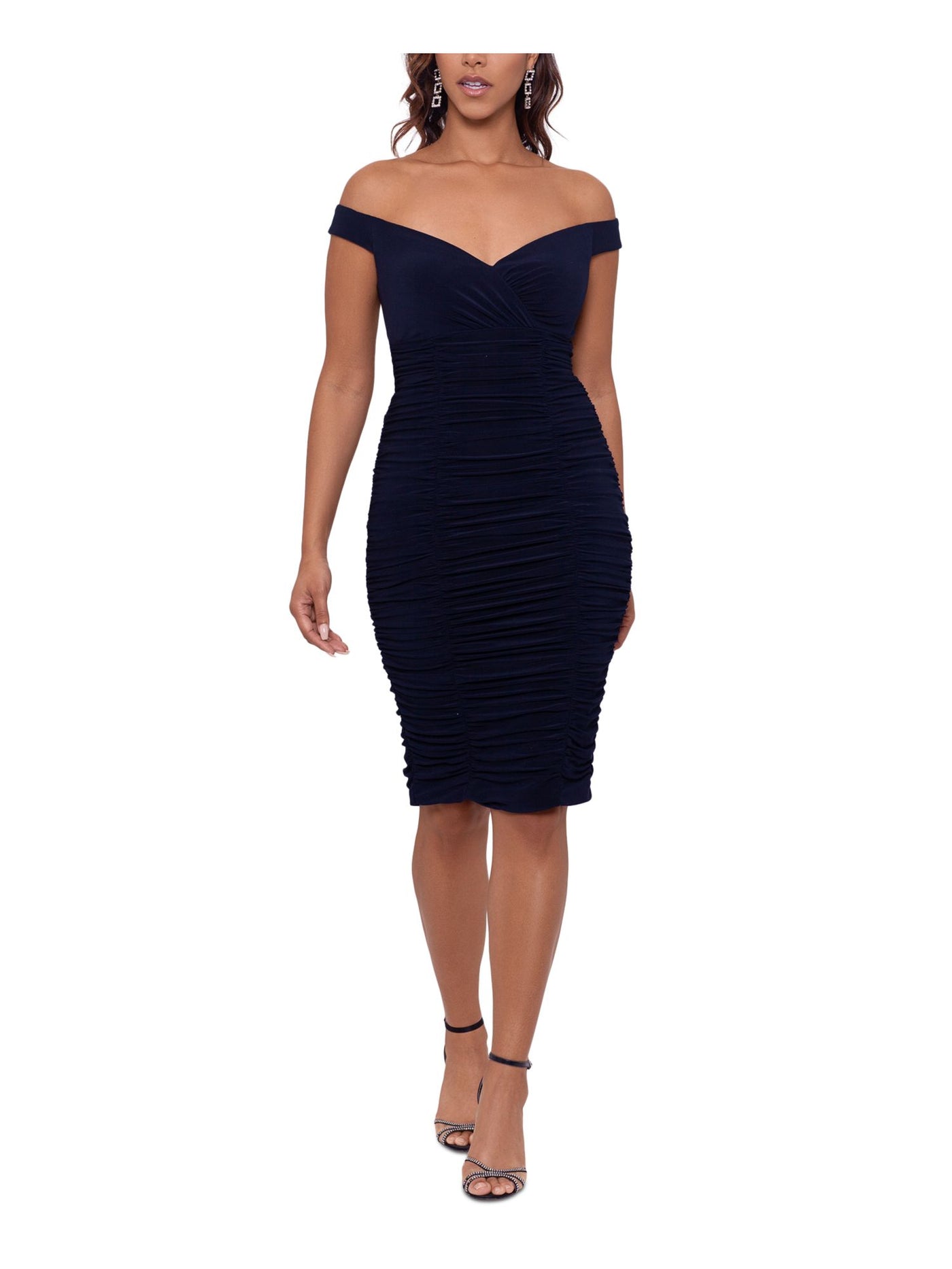 XSCAPE Womens Navy Ruched Zippered Slit Lined Padded Boning Short Sleeve Off Shoulder Knee Length Evening Body Con Dress 14