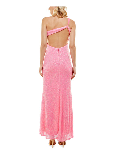 CRYSTAL DOLLS Womens Pink Sequined Slitted Sleeveless Asymmetrical Neckline Full-Length Formal Gown Dress Juniors 11