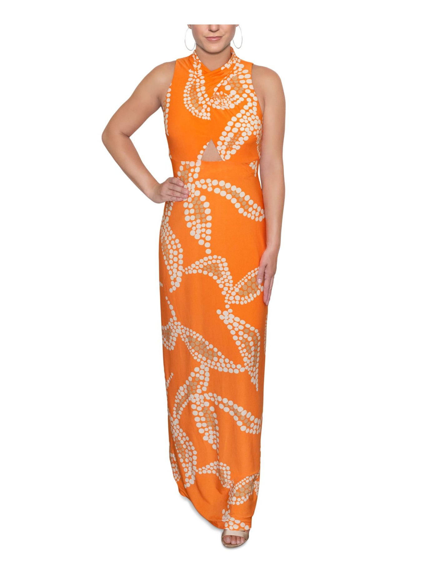 RACHEL RACHEL ROY Womens Orange Zippered Cut Out Back Slit Printed Sleeveless Halter Maxi Party Sheath Dress L