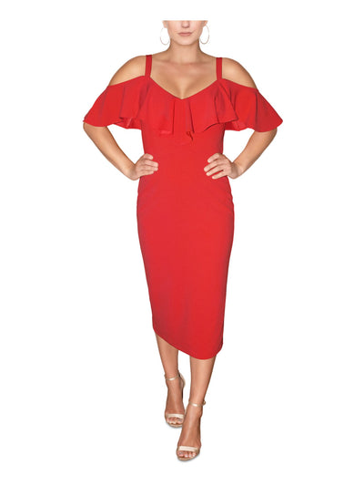 RACHEL RACHEL ROY Womens Red Zippered Ruffled Off The Shoulder V Neck Midi Party Sheath Dress S