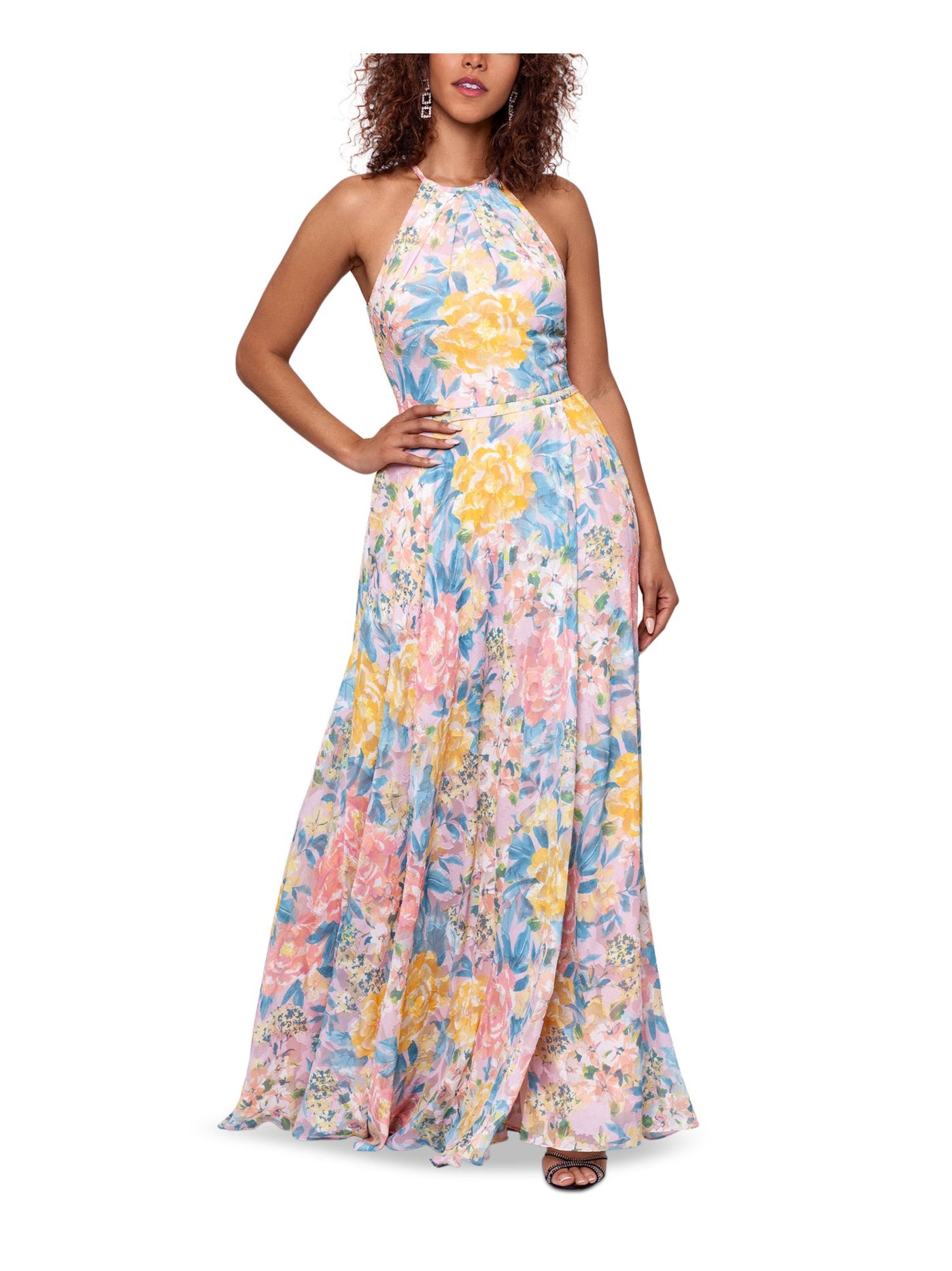 BETSY & ADAM Womens Pink Zippered Pocketed Wrap-style Skirt Lined Floral Sleeveless Halter Full-Length Formal Gown Dress Petites 12P