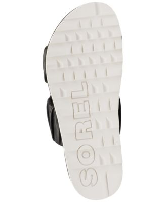 SOREL Mens Black 1" Sawtooth Platform Ruched Roaming Round Toe Wedge Slip On Leather Slide Sandals Shoes