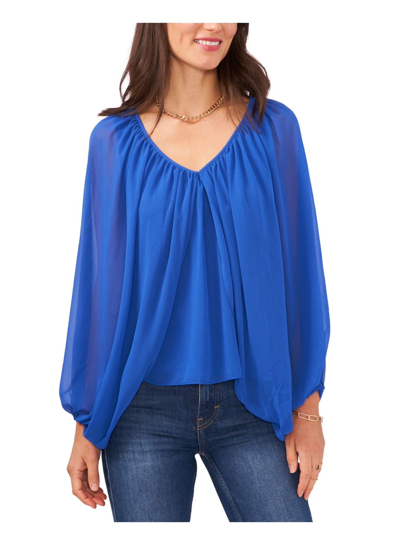 VINCE CAMUTO Womens Blue Sheer Cape Like Long Sleeves V Neck Top XXS