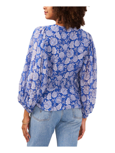 VINCE CAMUTO Womens Blue Sheer Smocked Lined Elastic Cuffs Floral Balloon Sleeve V Neck Peplum Top XS