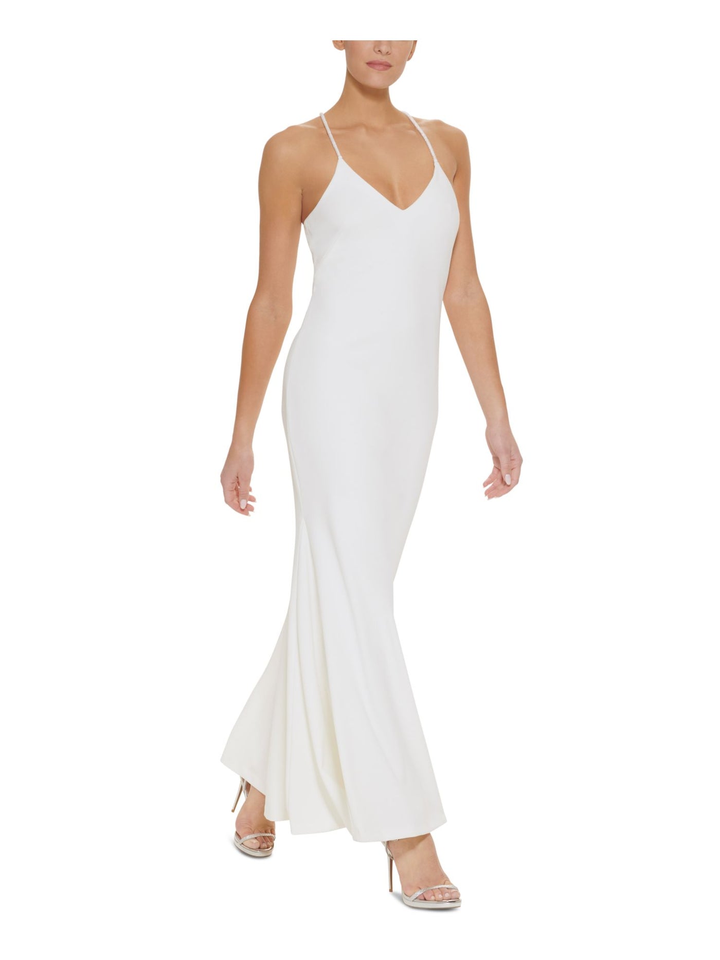DKNY Womens Ivory Zippered Beaded Crisscross Straps Sleeveless V Neck Full-Length Evening Mermaid Dress 14