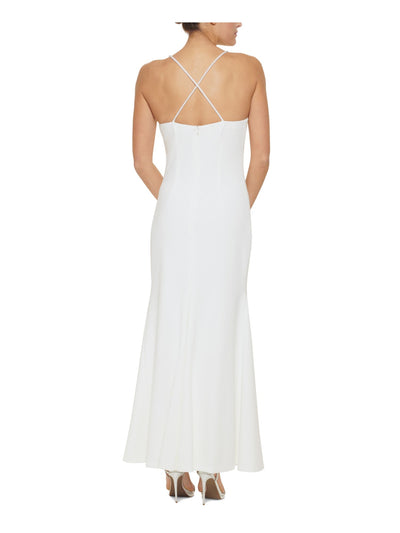 DKNY Womens Ivory Zippered Beaded Crisscross Straps Sleeveless V Neck Full-Length Evening Mermaid Dress 14