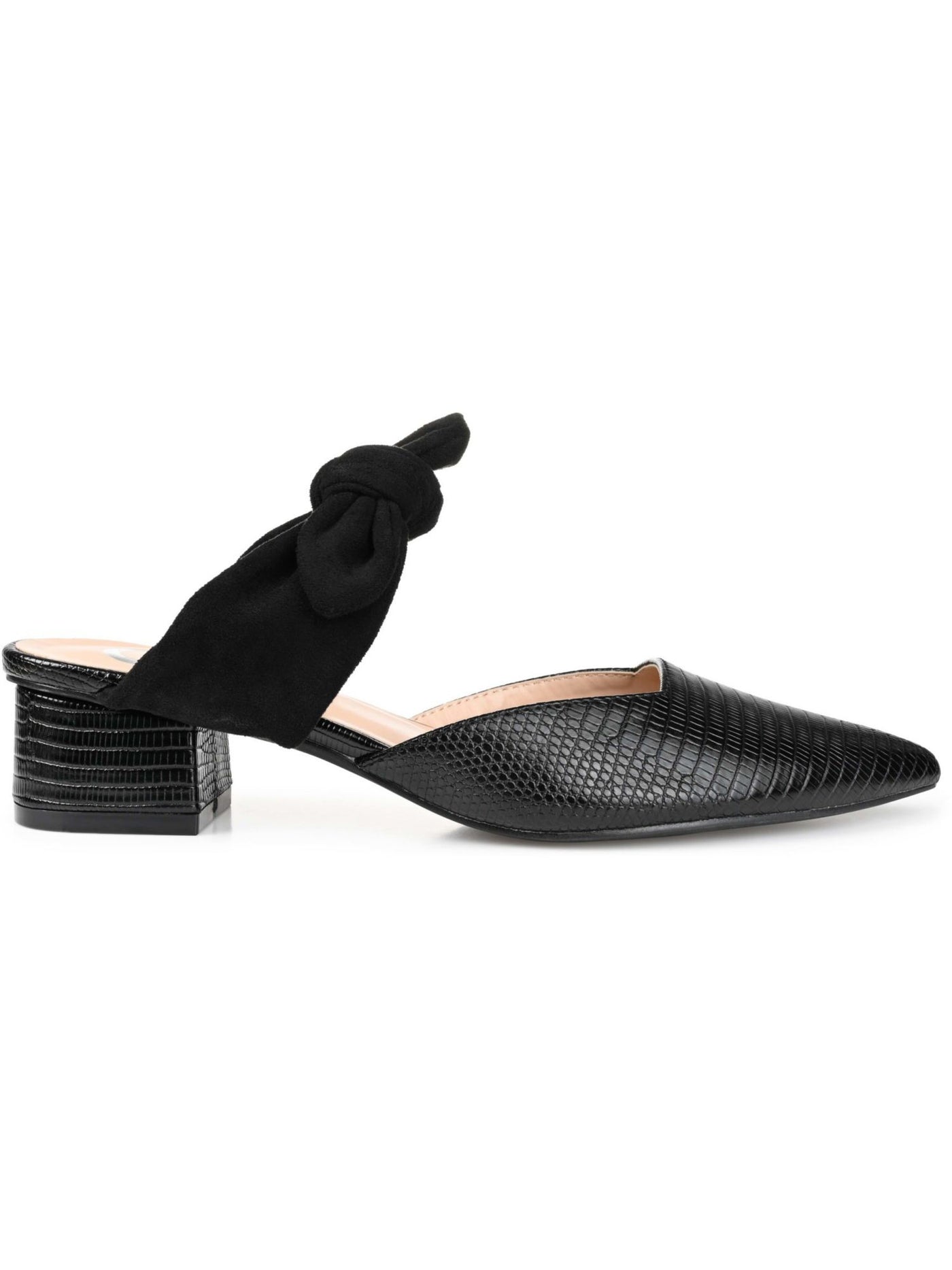 JOURNEE COLLECTION Womens Black Mixed Media Boxed  Snake Bow Accent Padded Melora Pointed Toe Block Heel Slip On Mules 7