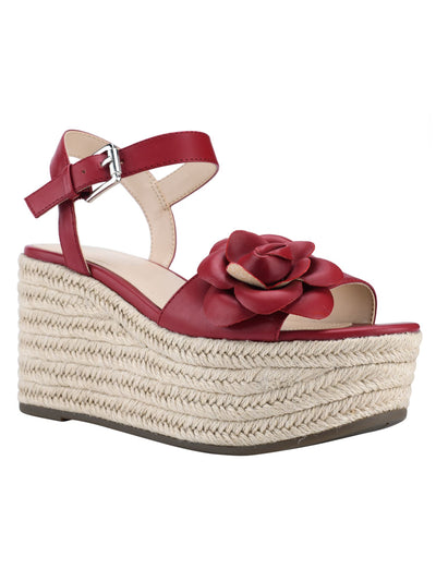 MARC FISHER Womens Red Padded Woven Flower Adjustable Strap Ankle Strap Venom Almond Toe Wedge Buckle Heeled Sandal 7.5 M