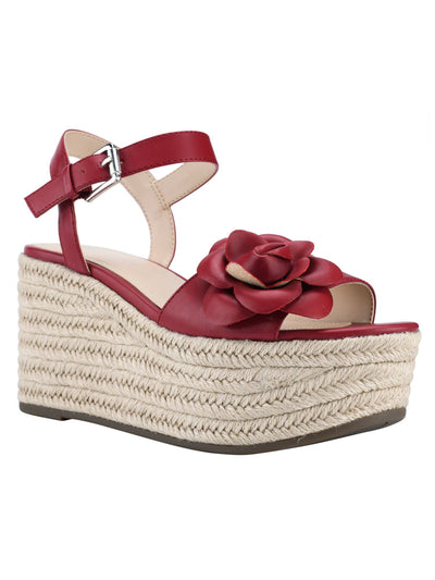 MARC FISHER Womens Red Padded Woven Flower Adjustable Strap Ankle Strap Venom Almond Toe Wedge Buckle Heeled Sandal 5.5 M