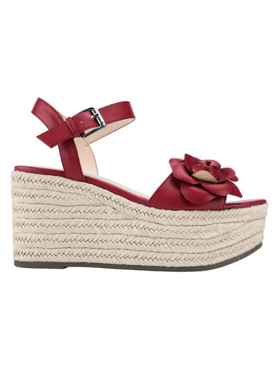 MARC FISHER Womens Red Padded Woven Flower Adjustable Strap Ankle Strap Venom Almond Toe Wedge Buckle Heeled Sandal 8.5 M