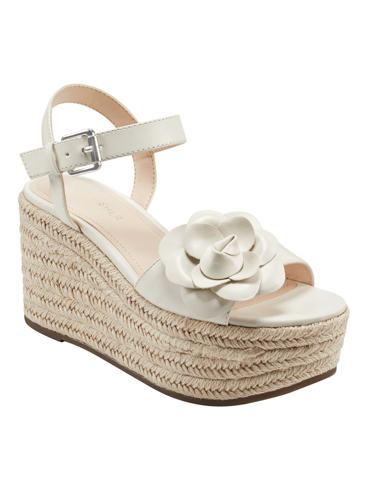 MARC FISHER Womens Ivory Padded Woven Flower Adjustable Strap Ankle Strap Venom Almond Toe Wedge Buckle Espadrille Shoes 8.5 M