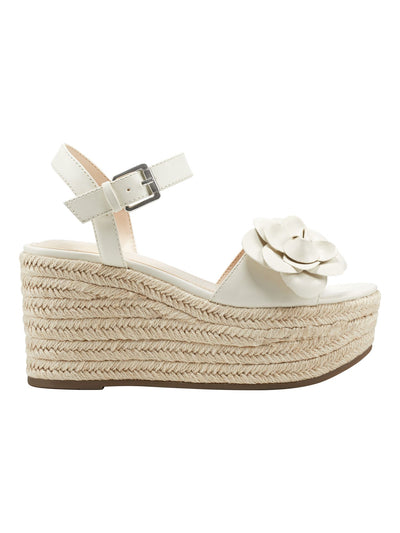 MARC FISHER Womens Beige Padded Woven Flower 2" Platform Adjustable Strap Ankle Strap Venom Almond Toe Wedge Buckle Espadrille Shoes 9.5 M