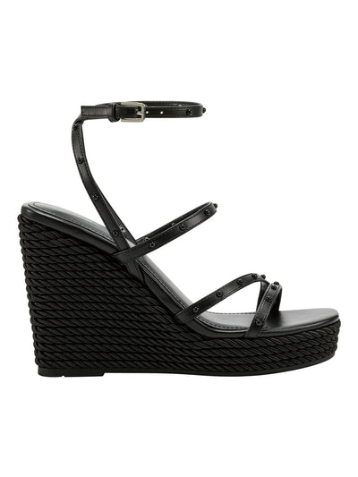 MARC FISHER Womens Black Strappy Studded Zig Square Toe Wedge Buckle Heeled Sandal 8 M