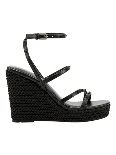 MARC FISHER Womens Black Strappy Studded Zig Square Toe Wedge Buckle Heeled Sandal 7.5 M