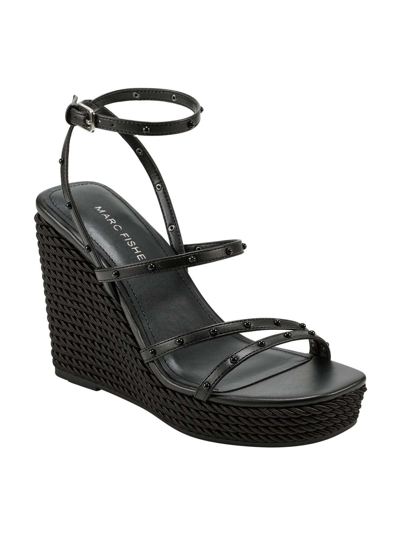 MARC FISHER Womens Black Strappy Studded Zig Square Toe Wedge Buckle Heeled Sandal 9 M