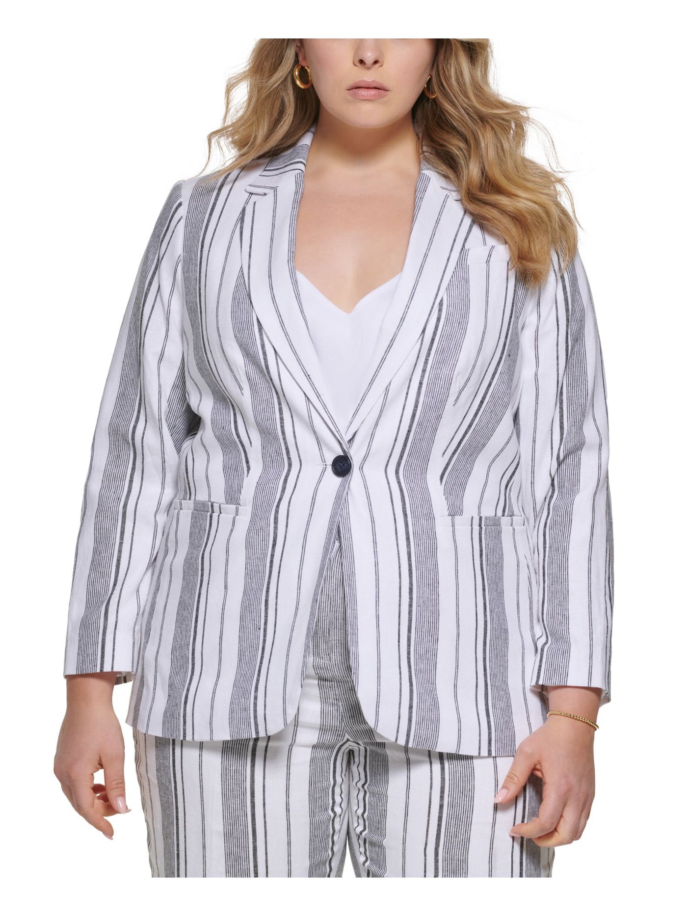 CALVIN KLEIN Womens White Pocketed Lined Button Closure Back Slit Striped Wear To Work Blazer Jacket Plus 24W