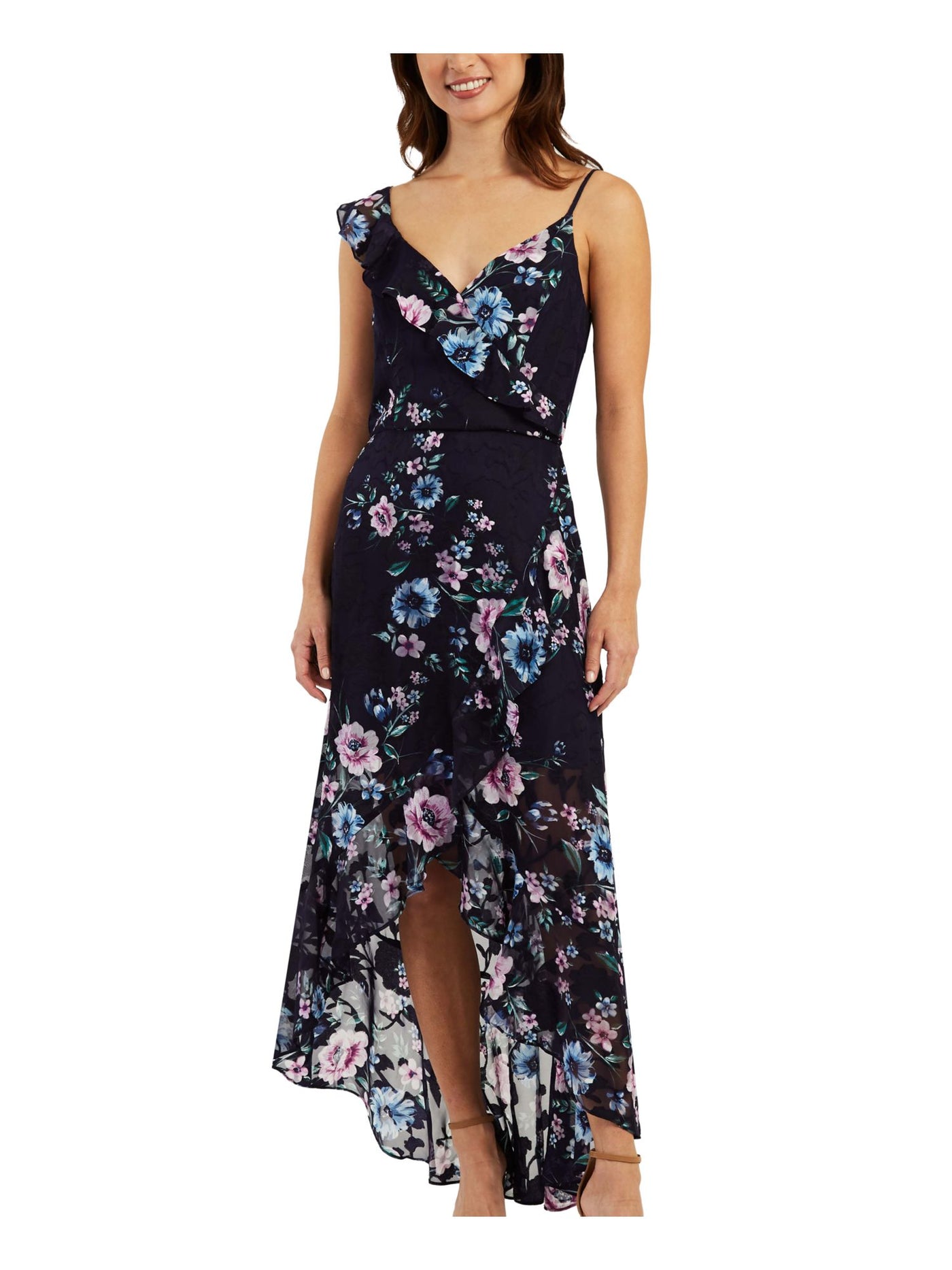 BCX Womens Navy Ruffled Lined Self-tie Hi-low Hem Asymmetrical Floral Spaghetti Strap V Neck Below The Knee Cocktail Fit + Flare Dress Juniors XS
